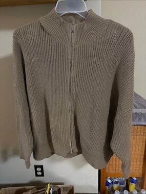 Zip-Front Ribbed Turtleneck Sweater - Taupe
